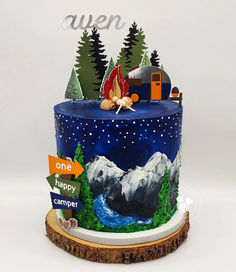 a birthday cake with an image of a camper on it