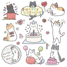 an image of cats celebrating birthday with cake and balloons