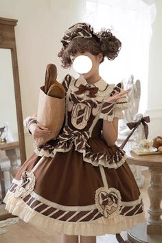 Fabric: Polyester Color: Brown Sleeve Length: Short Sleeves Feature: Print, Ruffle, Bowknot Style: Sweet, Princess Include: Dress*1 + Blouse*1 Size (IN) Bust Waist Length S 31.50-36.22 25.59-30.31 33.46 M 33.07-37.80 27.17-31.89 34.25 L 34.65-39.37 28.74-33.46 35.04 Size (CM) Bust Waist Length S 80-92 65-77 85 M 84-96 69-81 87 L 88-100 73-85 89 Baker Outfit, Dessert Dress, Gingerbread Outfit, Cafe Dress, Cupcake Costume, Brown Cafe, Female Villains, Punk Dress, Maid Outfit