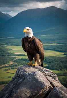 an eagle sitting on top of a rock with mountains in the background