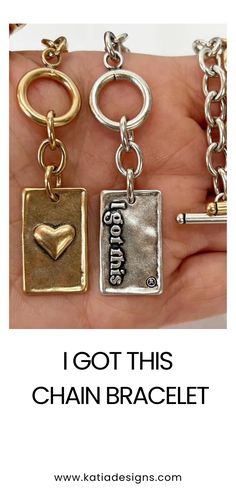 9mm brass plated chain bracelet Toggle clasp Choose a silver or gold finish Available in 4 sizes (see chart for reference) Rectangle pendant with 'I Got This' on one side and a heart on the other Models wrist measures 5" and she is wearing the S Pretty Jewelry