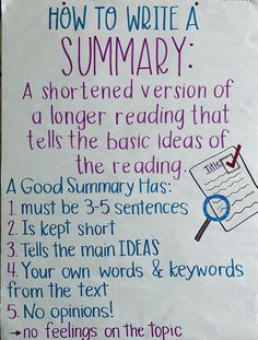 a sign with writing on it that says how to write a summary as shortened version of a longer reading that tells the basic ideas of the reading