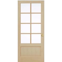 a white door with glass panels on the top and bottom panel, in front of a white background