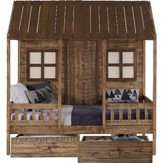 a wooden bunk bed with two drawers underneath it and a canopy over the bed,