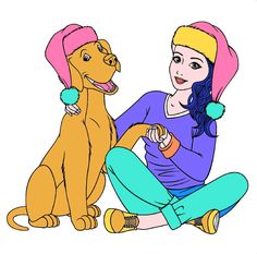 a woman sitting on the ground next to a brown dog wearing a pink beanie