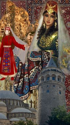 an image of a woman dressed in traditional russian garb and holding a doll next to a castle