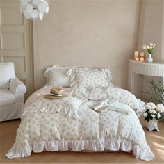 Paste Pink Floral Double Layer Cotton Ruffle Bedding Set White / Medium Flat Love Shack Bedroom, Cottagecore Bedroom, Stylish Bedding, Bathroom Size, Summer Blanket, Ruffle Bedding, Stylish Beds, Bedding Shop, Duvet Insert