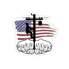 a sticker with the american flag and two hands holding a cross, on top of an