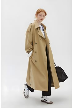 Embrace autumn in style with this khaki trench coat. Featuring an adjustable stand collar and double-breasted design, this mid-length piece offers a flattering silhouette. Ideal for transitional weather, it's your go-to for effortless chic. Pair with boots for a complete look. Details Composition: 80% Polyvinyl Fiber 20% Viscose Fiber Design: Plain Style: Casual Thickness: Regular Material: Faux Fur Sleeve Length: Long Sleeve Occasion: Leisure Size & Fit Clothes Length: Long Top Stretch: Some-st Khaki Trench Coat Outfit, Long Trench Coat Outfit, Long Outfit, Khaki Trench, Khaki Trench Coat, Wool Winter Coat, Winter Trench Coat, Double Breasted Trench Coat