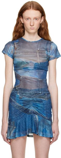 Semi-sheer stretch recycled polyester-blend mesh T-shirt. · Trompe l'oeil graphic pattern printed throughout · Crewneck Supplier color: Denim print Trompe L'oeil Fashion, Printed Denim Shirt, Denim Print, Mesh T Shirt, Denim Chic, 2024 Trends, Really Cute Outfits, Denim Top, Fashion Details