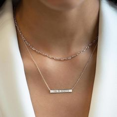 This personalized custom Silver name bar necklace is one of our best selling necklace. Great for birthday, friendship, mother's day and bridesmaids gift. Bar size: Width 30mm x Height 4mm Adjustable chain: 15-17in (38-43cm) Laser Engraving Sterling Silver Spring clasp closure Hypoallergenic, lead and nickel free #254S Minimalist Bar Necklace For Anniversary Or Mother's Day, Minimalist Silver Bar Necklace For Anniversary, Elegant Custom Name Bar Necklace For Anniversary, Customizable Silver Bar Necklace For Anniversary, Minimalist Custom Name Bar Necklace For Anniversary, Engraved Silver Bar Necklace For Anniversary, Silver Nameplate Bar Necklace For Everyday, Minimalist Personalized Bar Necklace As Gift, Elegant Silver Nameplate Bar Necklace