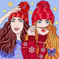 two girls wearing winter hats and sweaters with snowflakes on their heads are looking at the camera