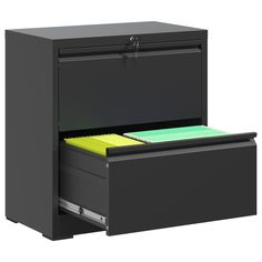 an office file cabinet with two drawers on each side and one drawer open to show files