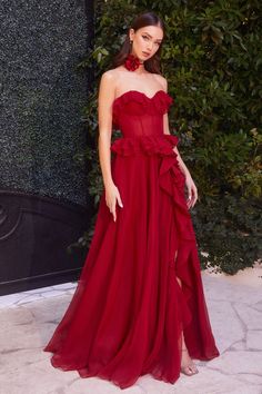 Beautiful and flowy chiffon gown with ruffle detail on bodice and waist Red Gala Dresses, Unique Prom Dress, Flowy Red Dress, Andrea And Leo, Twilight Wedding, Unique Prom Dresses, Prom Designs, Designer Prom Dresses, Bridesmaid Dresses Prom