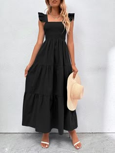 Preto Boho Collar Manga boné Tecido Simples Em A Embellished Não elástico Verão Simple Long Summer Dress, Long Dresses Casual Maxi Simple, Vestido Casual Juveniles, Black Sundress With Ruffle Hem, Casual Black Ruffle Hem Dress, Summer Black Sundress With Ruffles, Black Tiered Summer Dress, Boho Maxi Dress Outfit, Black A-line Beach Dress