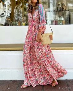 Lasaky - Paisley Print Bell Sleeve Drawstring Maxi Dress Santorini Outfit Ideas, Santorini Outfit, Casual Boho Outfits, 70s Vintage Fashion, Womens Boho Dresses, Bohemian Dresses, Dress Women Elegant, Womens Floral Dress, Boho Floral Dress