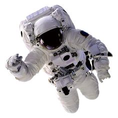 an astronaut floating in the air with his hands up