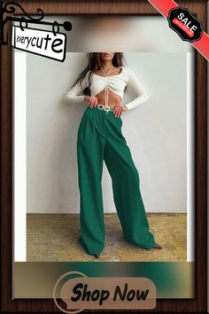 Green High Waisted Draped Wide Leg Pants Green High-waisted Wide Leg Pants For Fall, Full Length Green Pants For Fall, Green Full-length Bottoms For Fall, Green Full Length Bottoms For Fall, Loosely Fitted Green Wide Leg Pants For Fall, Green High Waist Bottoms With Loose Fit, High Waist Green Wide Leg Pants For Fall, Green High-waisted Baggy Wide Leg Pants, Green High-waist Fall Dress Pants