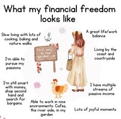 a poster with an image of a woman holding a basket next to a sign that says, what my financial freedom looks like