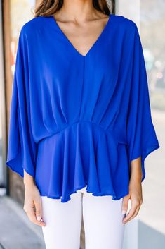 Chic Royal Blue Kimono Sleeve Blouse - Women's Tops – Shop The Mint Women Chiffon Blouse, Blue Kimono, Kimono Sleeves, Short Kimono, Drafting Patterns, Mint Julep, Black Denim Jeans, Kimono Sleeve, Model Fits