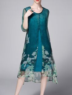 Green Floral-print Casual Silk Midi Dress Salwar Kamiz, Midi Dress Style, Silk Midi Dress, Green Midi Dress, Moda Vintage, Dress Midi, Midi Dress With Sleeves, Robins, Floral Midi Dress