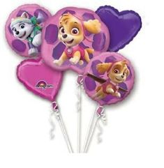 the paw patrol balloon bouquet is pink and has five balloons in it, including two heart shaped