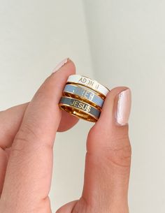 This ring set is a beautiful reminder of the many names of God and the power and majesty they represent. Each ring features a different name of God, including "Jesus," "Adonai," and "Jireh." Wear them as a reminder of the wonder of our great God.    “I am the Alpha and the Omega," says the Lord God, “who is, and who was, and who is to come, the Almighty." -Revelation 1:8   What's Included  Names of God Enamel Ring Set  Description card Natural cotton pouch Custom Name White Promise Ring, Symbolic White Promise Ring, White Symbolic Promise Ring, Personalized Stackable Promise Rings, Customizable White Jewelry For Promise, Personalized White Promise Rings, I Am The Alpha, Revelation 1, Name Of God