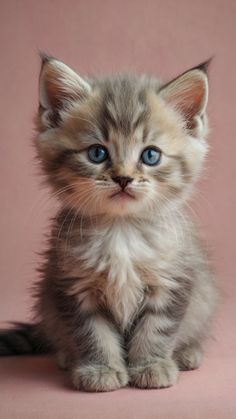 a small kitten with blue eyes sitting on a pink surface and looking at the camera