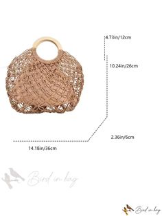 Bird in Bag - Woven Cotton Hollow Out Design Round Wooden Handle Fashionable Casual Tote Bag for Shopping, Beach, Vacation, Party, and Gift. Elegant Summer Beach Bags, Beige Woven Party Bag, Elegant Handheld Beach Bag For Summer, Summer Party Shoulder Bag, Chic Summer Crochet Pouch Bag, Elegant Summer Beach Crochet Bag, Elegant Brown Summer Beach Bag, Pouch Straw Bag For Beach Season, Straw Pouch Bag For Beach Season