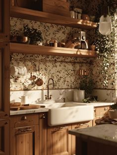 a kitchen filled with lots of wooden cabinets and counter top space next to a window