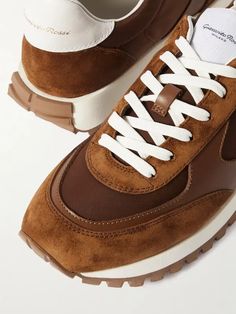 GIANVITO ROSSI Gravel Suede, Leather And Shell Sneakers - Brown | Editorialist Brown Leather Sneakers, Denim Sneakers, Rossi Shoes, Sole Sneakers, Men Loafers, Brown Sneakers, Latest Sneakers, Sneakers Blue, Suede Sneakers