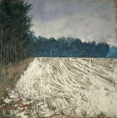 a painting of a plowed field with trees in the distance and snow on the ground