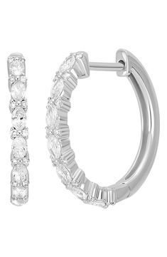 Add sparkle and sway to your look with handcrafted hoops set in 18-karat gold and marked with a mix of marquise and round diamonds. Total diamond weight: 0.56ct. Color: G Clarity: VS 18k gold/diamond Imported >Diamond Guide Fine Jewelry Marquise Hoop Earrings For Anniversary, Fine Jewelry Marquise Hoop Earrings For Wedding, Marquise Hoop Earrings For Wedding, Fine Jewelry, Elegant Diamond Marquise Hoop Earrings, Elegant Marquise Diamond Hoop Earrings, Elegant Marquise Hoop Earrings For Anniversary, Bony Levy, Diamond Guide, Diamond Hoop Earrings