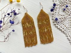 Gold Seed Bead Earrings Gold Beaded Earrings Fringe Bead | Etsy Bohemian Gold Tassel Earrings For Wedding, Gold Bohemian Tassel Earrings For Wedding, Gold Tassel Earrings With Round Beads, Elegant Gold Tassel Earrings With Round Beads, Elegant Gold Beaded Fringe Earrings, Gold Beaded Drop Earrings With Beaded Chain, Gold Tiny Beads Drop Earrings, Handmade Gold Beaded Earrings For Party, Gold Beaded Chain Drop Earrings