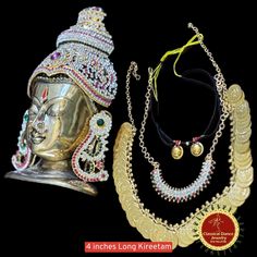 Design by Classical Dance Jewelry® ❥ Product Details: Designer Brass decorated Goddess Varalakshmi Ammavaru Face , Crown kireetam 9 Piece set ❥ Material is Brass alloys ❥ Color: Gold, Brass ❥ Beautiful Goddess Lakshmi face set used for varalakshmi Vratham ❥ Beautifully embossed mask used for pooja during Varalakshmi Vratham ❥ Very Heavy Face ❥ Beautifully decorated mask used for pooja during Varalakshmi Vratham ❥ Completely Decorated with High Quality Stones and pearls 🎈We will send item that a Varalakshmi Vratham, Buddha Face, Face Jewellery, Classical Dance, Dance Jewelry, Beautiful Goddess, Face Earrings, Goddess Lakshmi, Black Stains