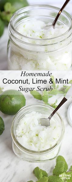 This DIY Lime Mint Sugar Scrub smells like a vacation in a jar and gets rid of dry skin in a jiffy! Great gift idea! www.settingforfour.com Mint Sugar Scrub, Mint Sugar, Mask Skin, Homemade Scrub, Sugar Scrub Recipe, Diy Body Scrub, Sugar Scrub Diy, Lip Scrubs, Diy Scrub