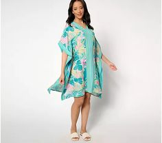 Belle by Kim Gravel Paradisio Border Print Caftan Dress - QVC.com Vibrant Print V-neck Kaftan For Beachwear, Tropical V-neck Kaftan For Beach Cover-up, Green V-neck Kaftan With Vibrant Print, Vibrant Print V-neck Tunic, V-neck Floral Print Tunic For Beach Cover-up, Green V-neck Tunic For Beach, Summer V-neck Tunic With Vibrant Print, Spring V-neck Beach Dress For Warm Weather, Floral Print V-neck Kaftan For Beach