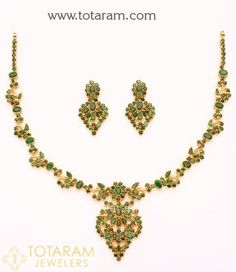 22 Karat Gold Emerald Necklace & Drop Earrings set - 235-GS1232 in 34.000 Grams Luxury Yellow Gold Emerald Necklace In Temple Style, Luxury 22k Gold Emerald Necklace Temple Style, Luxury Gold Chandbali Emerald Necklace, Luxury 22k Gold Temple Jewelry Emerald Necklace, Luxury 22k Gold Emerald Temple Necklace, Gold Emerald Necklace, Emerald Necklaces, Ruby Necklace Designs, 22 Karat Gold Jewelry