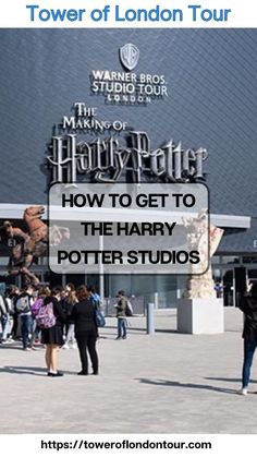 people are walking in front of the harry potter studio