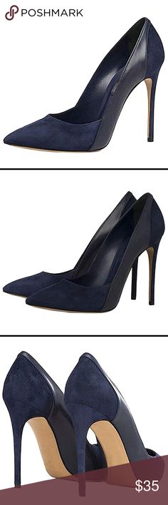 Suede Patent Leather Blue High Heeled Stilettos Upper Material: Suede and leather   Liner Material : Soft pigskin   Heel hieght: 4.7 inches   Design: Slip on easy to take on / off   Process：Handmade Shoes Heels Blue Heels For Work, Elegant Blue Heels For Work, Elegant Blue Heels For Night Out, Blue Pointed Toe Heels For Work, Elegant Blue Heels For Office, Formal Fitted Blue Heels, Blue High Heel Heels For Workwear, Blue High Heels For Work, Elegant Blue High Heels