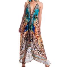 Nwt Ranees Miami Fierce 663 Exotic Hawaii Dress, Cover-Up Dress. One Size...Fits S To L Unleash Your Free Boho Spirit In This Longline Cover Up Dress Styled With Vivid Allover Patterns And A Halter Neckline. With Small Sparkling Crystals. Halter Neckline Tassel Tie Detail And Closure Allover Pattern Woven 100% Polyester Chic One-piece Dress For Beach Cover-up, Multicolor V-neck Halter Dress For Vacation, Vibrant Print Halter Neck Dress For Party, Vibrant Print Halter Neck Party Dress, Halter Neck Dress With Vibrant Print For Party, Party Dress With Vibrant Print And Halter Neck, Multicolor V-neck Halter Dress For The Beach, Fitted Multicolor Maxi Dress For Beach Cover-up, Fitted Multicolor Maxi Dress For Beach