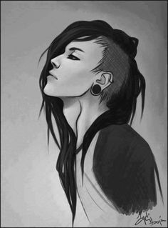 a drawing of a woman with long hair and piercings on her ear, looking to the