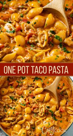 A collage of taco pasta in a pot with a wooden spoon, ground beef, and tomatoes. One Pot Taco Pasta, Taco Pasta Recipes, Ground Beef Pasta Recipes, Beef Pasta Recipes, Ground Beef Pasta, Taco Pasta, Pasta Dinner Recipes, Hams, One Pot Pasta