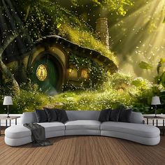 a living room with a couch and a wall mural that looks like a hobbot house