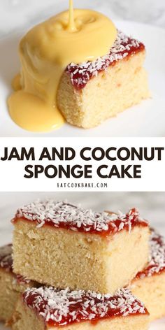 jam and coconut sponge cake on a plate with the words jam and coconut sponge cake