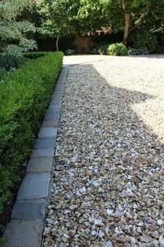 a graveled path in the middle of a garden