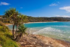 the beach is surrounded by trees and water