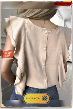 Ruffle Sleeve Button Back O Neck Top P1546883671 Trendy Beige Tops With Snap Buttons, Chic Beige Tops With Snap Buttons, Ruffle Blouse, Women's Top, T Shirt