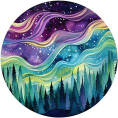 a circular painting with trees and stars in the sky