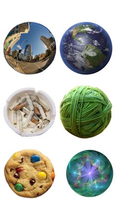 four different balls of yarn, one with a cookie and the other with an earth globe